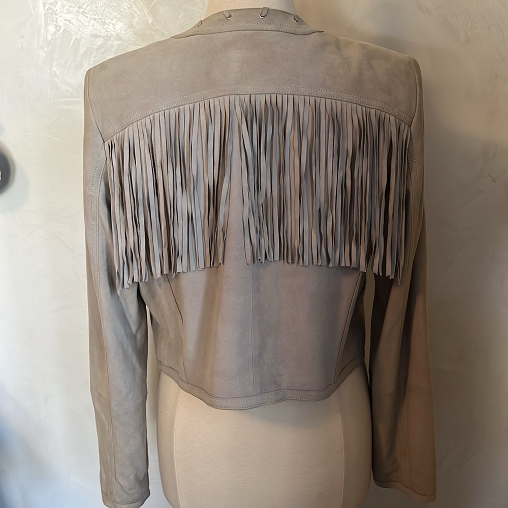 WhiteHouseaBlackMarket Light Gray Genuine Suede Jacket w/Fringe lace up Size L - Picture 5 of 17